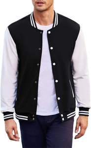 Men's <b>Black</b> White Varsity Jacket <b>Fleece</b> Casual O-Neck Regular Fit Winter Polyester Cotton Shell Button Closure Reversible - Product Image 2