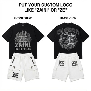 ZAINI Premium Polyester 240 GSM <b>Black</b> <b>T</b>-<b>Shirt</b> White Shorts Set Custom Rhinestone Logo Casual Urban Streetwear Breathable Summer - Product Image 1
