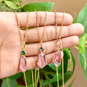 Gorgeous pink quartz <b>with</b> multiple cubic zirconia pendant 18k gold plated brass metal chain wholesale faceted stone necklace - Product Image 6