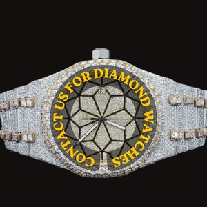 Reloj de Diseño Único con Esfera Redonda de Cristal, Dorado Blanco, Completamente Adornado con Piedras, Estilo Hip Hop, Movimiento de Cuarzo, Fecha Automática, Elegante y Brillante, Personalizable - Product Image 5