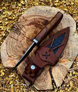 Cuchillo de caza de acero de Damasco de alta calidad con funda de cuero, hecho a mano, para camping y caza, con mango de madera, OEM. - Product Image 5