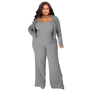 Autumn Women's Casual Tracksuit Plus Size L-5XL Solid Ribbed Long Sleeve <b>Zip</b> <b>Hooded</b> Crop Jacket Wide Leg Joggers Pants 2 Piece - Product Image 3