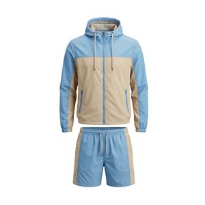 Ensemble de survêtement homme en nylon et polyester léger, veste et short, deux pièces, color block bleu beige, coupe-vent - Product Image 2