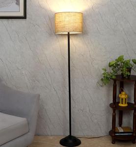 Modern Floor Lamp <b>Iron</b> Base Beige Fabric Drum Shade LED Warm Light Residential Use - Product Image 2