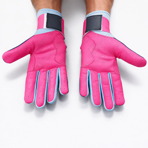 Guantes de Bateo de Cuero Genuino de Vaca en Rosa y Azul Marino con Ribete Azul y Cierre de Gancho y Bucle para Entrenamiento, Unisex, Adulto - Product Image 4