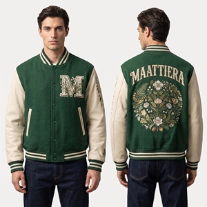 <b>Mens</b> Green <b>Cream</b> Leather Sleeve <b>Jacket</b> Floral Embroidery Custom Bomber Streetwear Snap Button Premium Outerwear Pro - Product Image 1