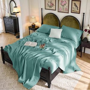 Parure de draps 4 pièces 100 % lin tissé moderne, couleur aqua, 100 fils/cm², motif uni, écologique, toutes saisons - Product Image 1