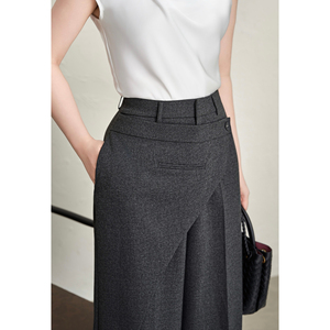 Pantalon décontracté taille haute gris à jambe droite avec fermeture éclair et bouton, teint uni, pour femme, automne, bureau, devant asymétrique LINDA - Product Image 4