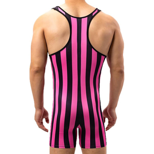 Men Pink Black Striped Wrestling Singlet Seamless Stretch <b>Athletic</b> Wear One Piece Tank Top - Product Image 4