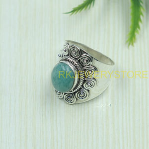 Natural Amazonite Gemstone <b>Ring</b> 925 Sterling Silver Handmade Boho Vintage <b>Statement</b> <b>Ring</b> Oval Cabochon Wide Band Jewelry for Men - Product Image 3