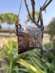 Bolso de compras bohemio con forma de cruz de cuero de vaca real para mujer, cierre de cremallera turquesa, ligero, superventas - Product Image 2