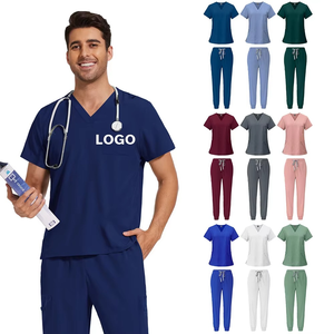 Men's <b>Scrub</b> <b>Sets</b> V-Neck Short Sleeve Uniforms Hospital Wear Blue Black Polyester Knitted Pants <b>Set</b> - Product Image 4
