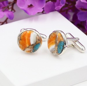 Boutons de manchette de luxe en argent sterling 925 avec turquoise et coquille d'ormeau orange, sertis clos, pour homme, cadeau de mariage pour témoin - Product Image 3