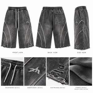 Shorts longs personnalisés 3/4 |   Shorts en molleton français délavé et usé, style streetwear |   Fabricant de vêtements en marque privée OEM/ODM - Product Image 6