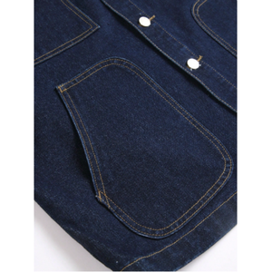 เสื้อโค้ทเดนิมทรงทรัคเกอร์สีน้ำเงินเข้มสไตล์วินเทจ ตกแต่งด้วยผ้าปะติด  แบบมีกระเป๋าหลายช่อง  สำหรับงานหนัก  สวมใส่สบายๆ  ติดกระดุมด้านหน้า  เสื้อคลุมผู้ชาย - Product Image 3