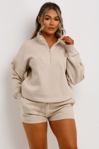 Women Beige Tracksuit Set Half-<b>Zip</b> Sweatshirt Shorts Solid Color Casual Loose Fit Full Sleeve Spring Wear - Product Image 5