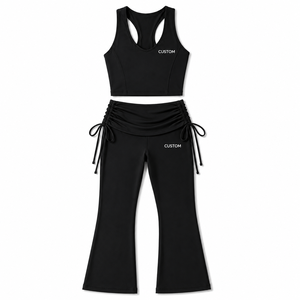 Custom Logo Women Yoga Set Racerback Sports Bra Ruched Drawstring <b>Flare</b> <b>Leggings</b> 2 Piece Fitness Activewear <b>Gym</b> Tracksuit Outfit - Product Image 3