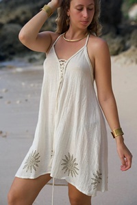 Women's Boho <b>Tropical</b> Loose Halter Neck Mini <b>Dress</b> with Lace-Up Front and Block Print Sun Motifs Beachwear Summer - Product Image 2