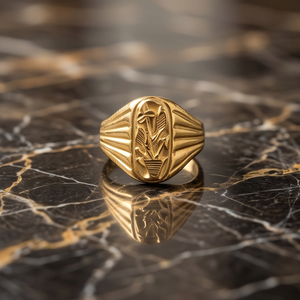 DIVYORO Anillo clásico chapado en oro con motivo de planta en maceta ovalada para hombre - Product Image 2