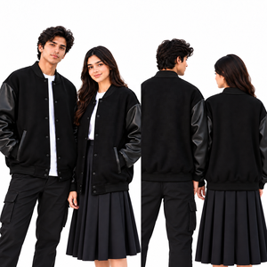 Blousons universitaires personnalisés en molleton de coton surdimensionnés avec manches en cuir PU, grande taille, épaules tombantes, style baseball décontracté streetwear - Product Image 5