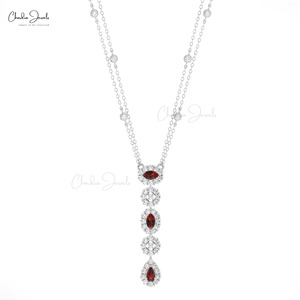 Collier Lariat Tendance en Or Massif 14 carats avec Grenat et Diamant Naturels Sertis à Griffes 5x3mm, Fait Main, Longue Chaîne pour Femme - Product Image 2