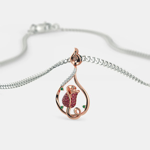 Two Tone <b>Ruby</b> Tulip Floral Lab Grown Diamond Teardrop Pendant <b>Necklace</b> - Product Image 4