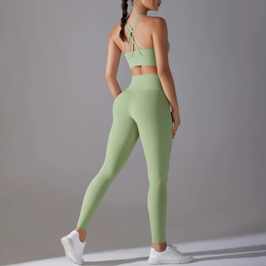 Women's Seamless 2-Piece Workout <b>Set</b> Light <b>Green</b> Premium Quality Women Yoga Suit Light weight Active wear - Product Image 4