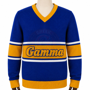 Pull en tricot à col en V personnalisé pour sororité Gamma, SGRho, pour femmes, bleu avec rayures dorées, cardigan décontracté, style preppy, manches longues - Product Image 3