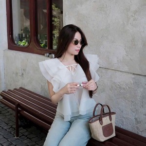 Custom <b>White</b> Chiffon Ruffle <b>Top</b> with High Waist Jeans Casual Women Set - Product Image 2