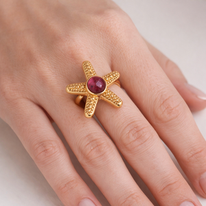 Gold Plated Brass Modern Starfish Garnet Cabochon Adjustable Ocean Inspired <b>Statement</b> <b>Ring</b> Handmade Women Jewelry - Product Image 5
