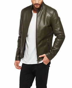 Blouson moto homme en cuir PU vert olive, col montant, fermeture éclair, coupe ajustée, manches classiques, couleur unie, pour l'automne - Product Image 4