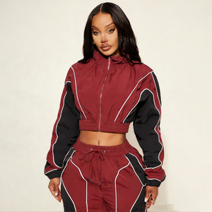 Women Two Piece Tracksuit Set Crop <b>Jacket</b> & High Waist Jogger Pants Sporty Streetwear Windbreaker Suit Wholesale Custom Logo - Product Image 3
