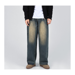 Jean en denim délavé coupe droite pour homme, taille haute, coupe ample, décontracté, en coton mi-lourd, style automne - Product Image 4