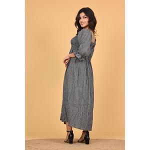 Vestido Maxi de Algodón con Estampado de Cuadros Negros, Vestido de Verano Bohemio de Manga Larga para Mujer - Product Image 6