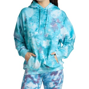 Sudadera con Capucha Extra Grande Personalizada para Mujer, Azul con Efecto Acuarela, Teñido Anudado, Algodón French Terry, con Bolsillo Canguro, Venta al Por Mayor OEM - Product Image 1