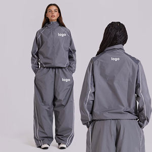 Conjunto Deportivo de 2 Piezas para Mujer, Chaqueta Cortavientos con Bordes Reflectantes, Forro Polar Transpirable, Nylon Ripstop Arrugado, Talla Grande - Product Image 1