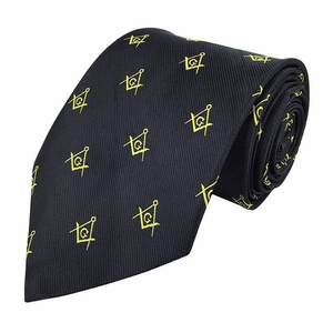 Corbata Masónica Master Mason Blue Lodge, Negra y Dorada, de Seda, con Escuadra y Compás, Regalia Masónica, Servicio OEM - Product Image 1