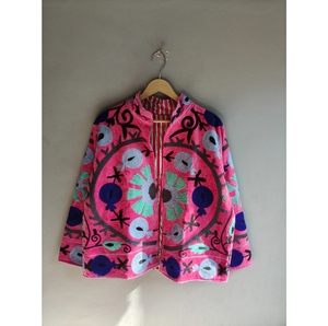 <b>Pink</b> Embroidered Terry Jacket With Floral Pattern Full Sleeve Stand Collar Zipper Closure Spring Women's Outerwear gift for her - Product Image 1
