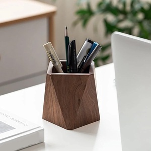 Handcrafted Natural Wood Faceted Pencil Cup Premium Walnut Finished Desk <b>Storage</b> Vessel Executive Gift Box Supply - Product Image 1