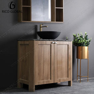 Meuble-lavabo moderne en bois RICO GLOBAL avec vasque en pierre, lavabo rond, armoire sur pied, miroir inclus, design contemporain - Product Image 4