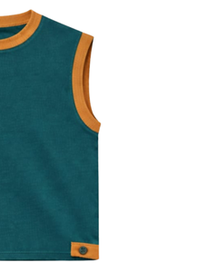 เสื้อกล้ามสีเขียวอมฟ้าสำหรับผู้ชายและกางเกงขาสั้นเข้าชุด ชุดฤดูร้อนผ้าฝ้าย แต่งขอบสีมัสตาร์ด ชุดสองชิ้นพร้อมเชือกผูก - Product Image 2