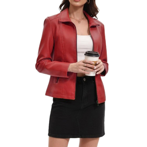Chaqueta de Cuero Informal de la Mejor Calidad para Mujer, Talla Regular, Cierre Frontal, Cuello Alto, Manga Larga, Transpirable, Color Sólido - Product Image 5
