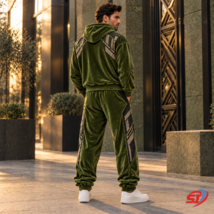 Ensemble de survêtement en velours premium Olive Velvet District 280 GSM avec strass et cristaux, comprenant un sweat à capuche et un pantalon ample, pour un look décontracté et tendance. - Product Image 6