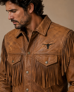 Men's Genuine Leather Eco-Friendly Windproof Western Fringe Jacket Distressed <b>Tan</b> <b>Brown</b> Cowboy Style Zipper Custom Logo OEM ODM - Product Image 5