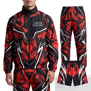 Survêtements de sport personnalisés trois pièces grande taille, imprimés par sublimation, avec col montant, style bomber, et short assorti, pour la gym et la course - Product Image 1