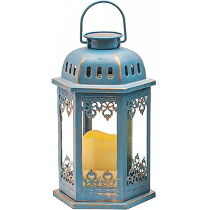 Farol Colgante de Estilo Vintage, Decorativo, de Metal y Vidrio con Pátina Azul, Portavelas para Decoración de Interiores y Exteriores, Hogar, Bodas y Eventos - Product Image 1