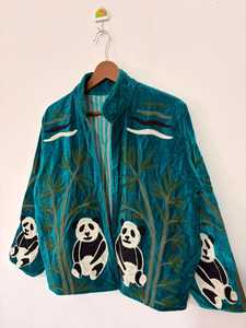 Veste en velours de jardinage fantaisiste motif panda, broderie complexe Suzani, manteau vert sarcelle, vêtement d'extérieur bohème botanique audacieux - Product Image 2