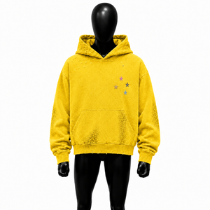 Sweat à capuche oversize jaune vieilli avec broderie étoile multicolore, motif léopard ton sur ton, effet délavé vintage, streetwear, pull-over avec texte - Product Image 1