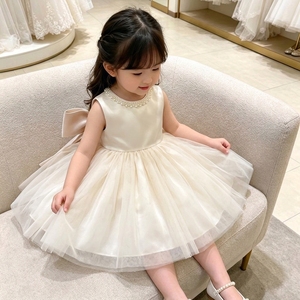 ชุดเดรสเด็กผู้หญิงสำหรับงานแต่งงานสุดหรูหรา สีไอวอรี่ ประดับมุกที่คอ แต่งระบายผ้าทูลล์ทรงเจ้าหญิง พร้อมโบว์สวยงาม สำหรับพิธีแต่งงาน - Product Image 3