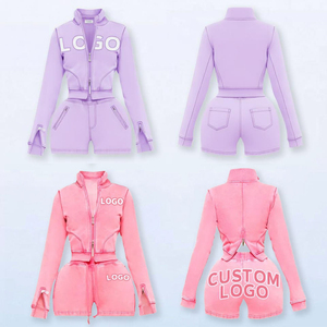 Premium Quality Custom logo Oem New Trending Stand Collar Zip up Crop Top Vintage Acid Wash Two Piece Shorts & Hoodie <b>Set</b> - Product Image 2
